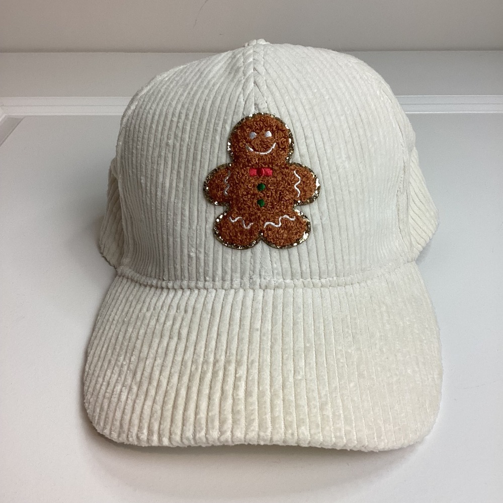 David and Young White Corduroy Gingerbread Man Patch Baseball Cap Hat NWT